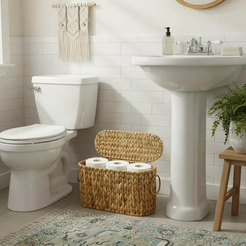 Coeusy wicker bathroom organizer showcases natural water hyacinth for eco-friendly storage.