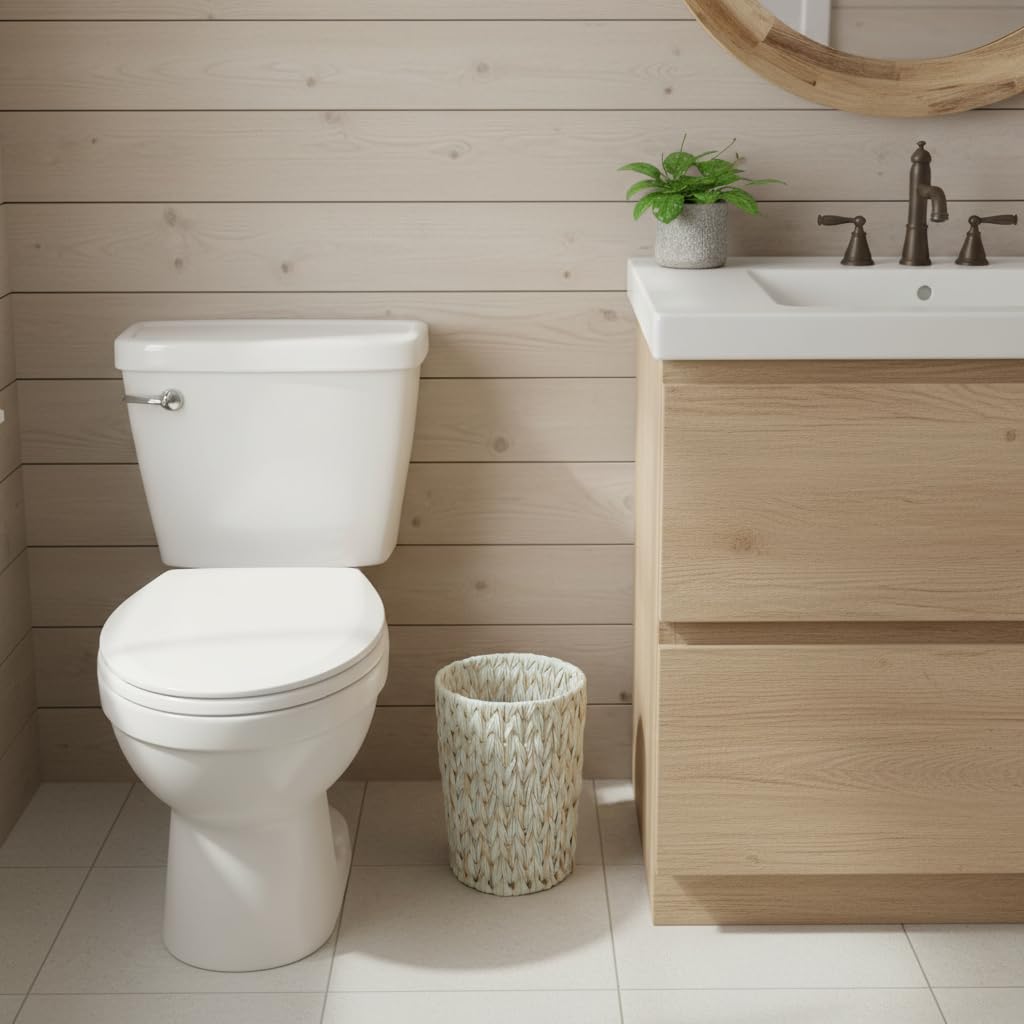 Coeusy wicker trash bin in cream white complements bathroom decor with a tidy, compact silhouette.