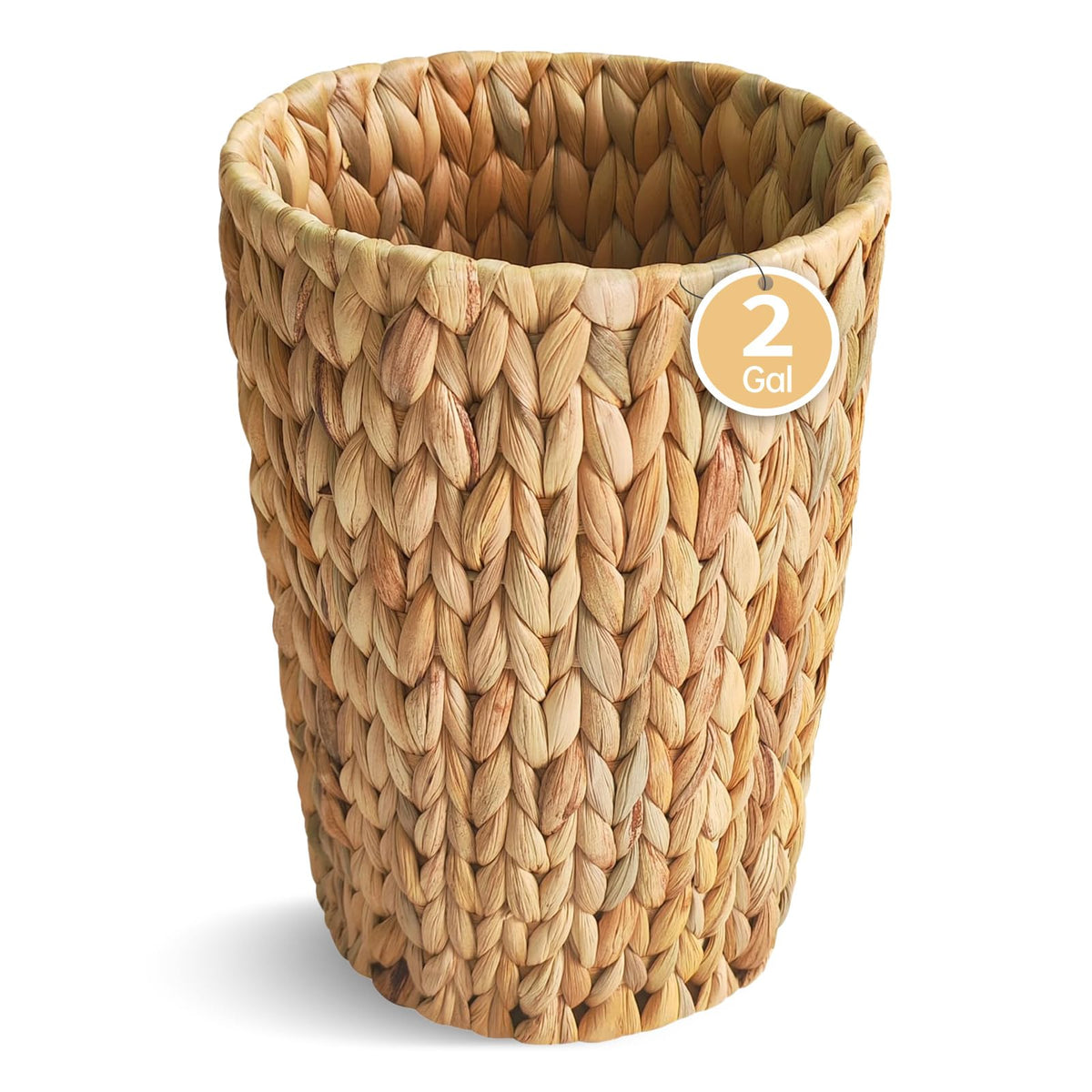 Coeusy wicker trash can in round form, tight weave, 2-gallon capacity.