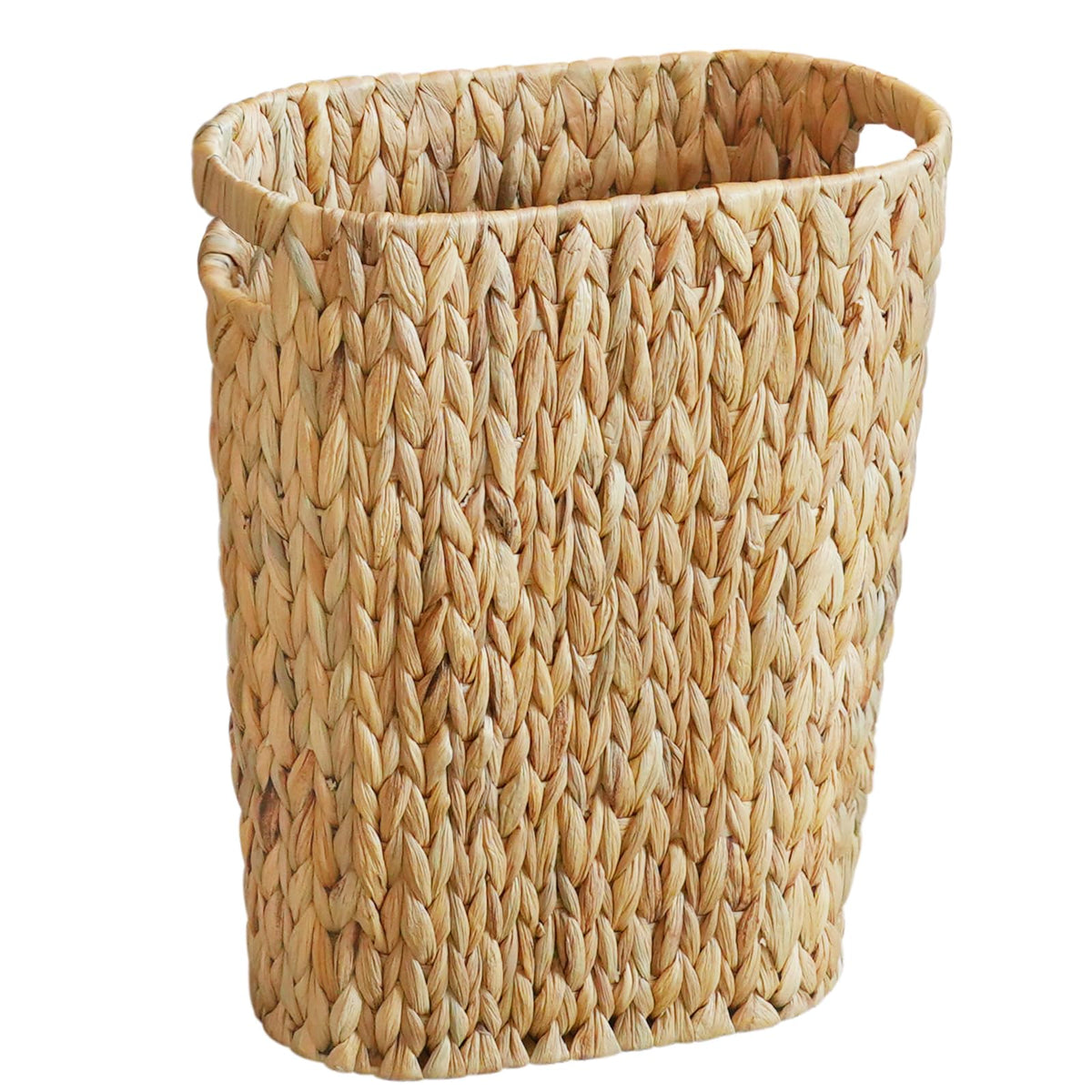 Coeusy wicker trash can in bathroom opening showing space-saving design