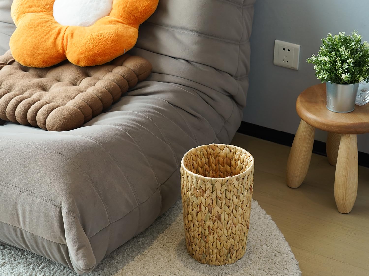 Boho chic room accent with Coeusy wicker waste basket.