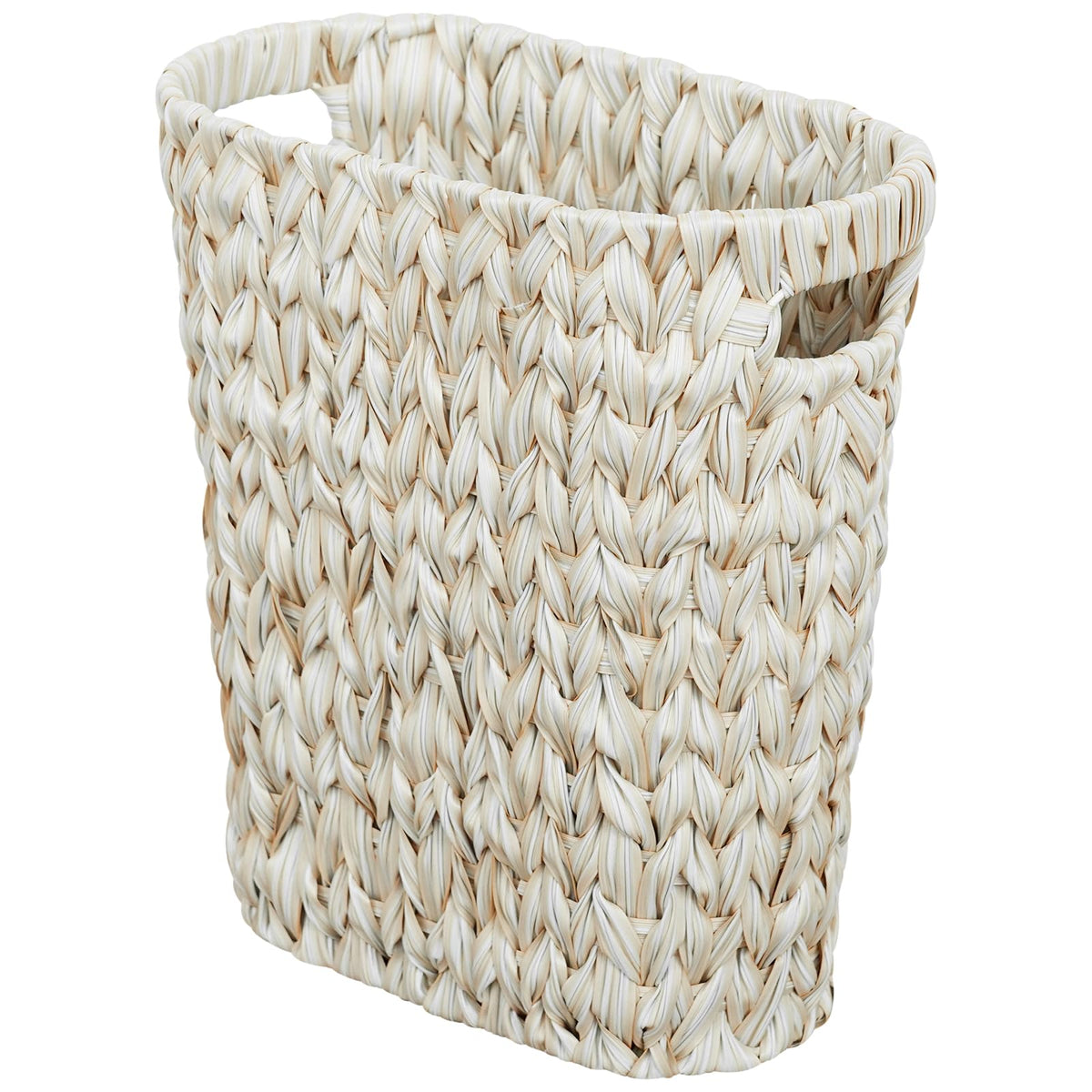 Coeusy wicker trash can in cream white for bathroom waste, durable and easy to wipe.