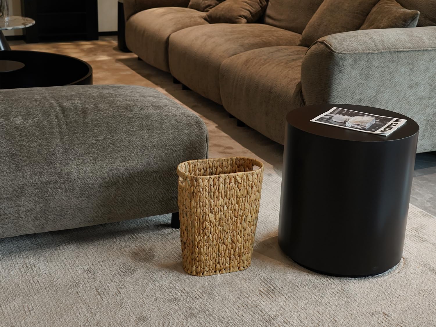 Eco-friendly material of the Coeusy wicker trash can in natural finish
