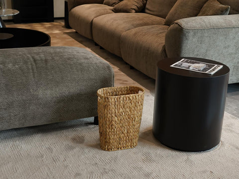 Eco-friendly material of the Coeusy wicker trash can in natural finish
