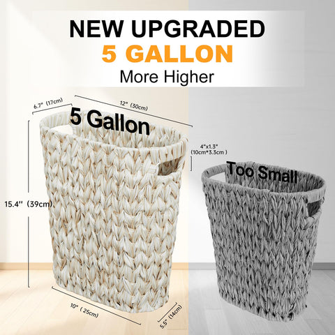 Coeusy wicker trash can with handles for easy disposal in tight spaces.