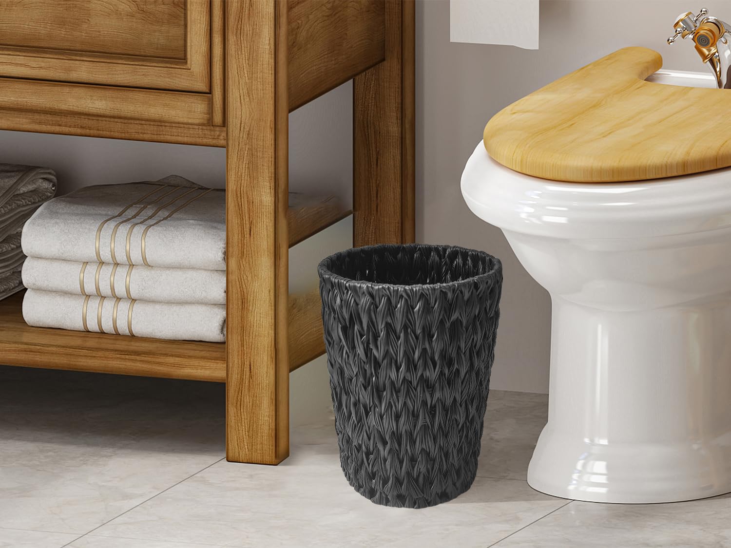 Coeusy wicker trash can with compact 11.02-inch height and 7.48-inch diameter.