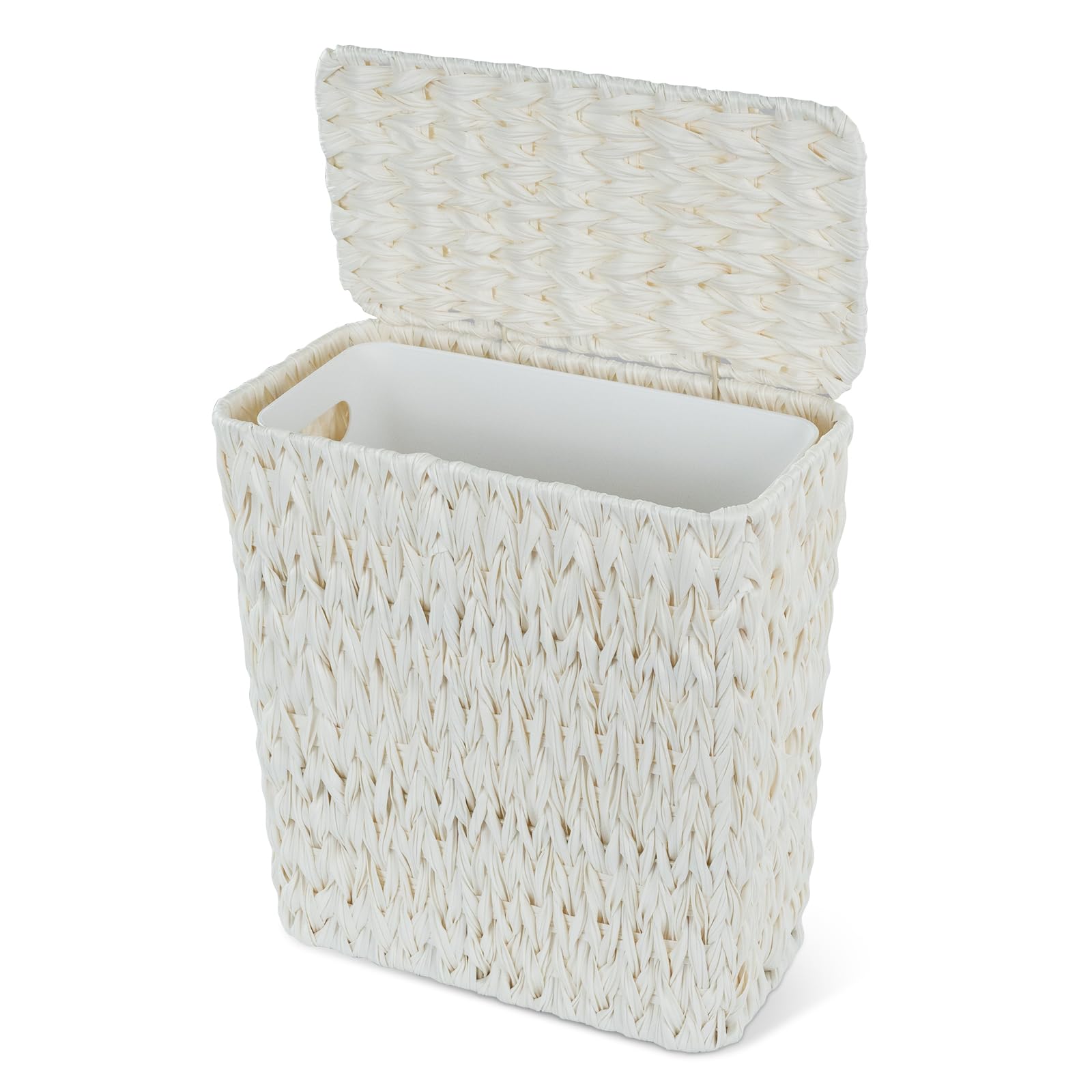 Coeusy wicker trash can with lid offers discreet waste containment for bathrooms.
