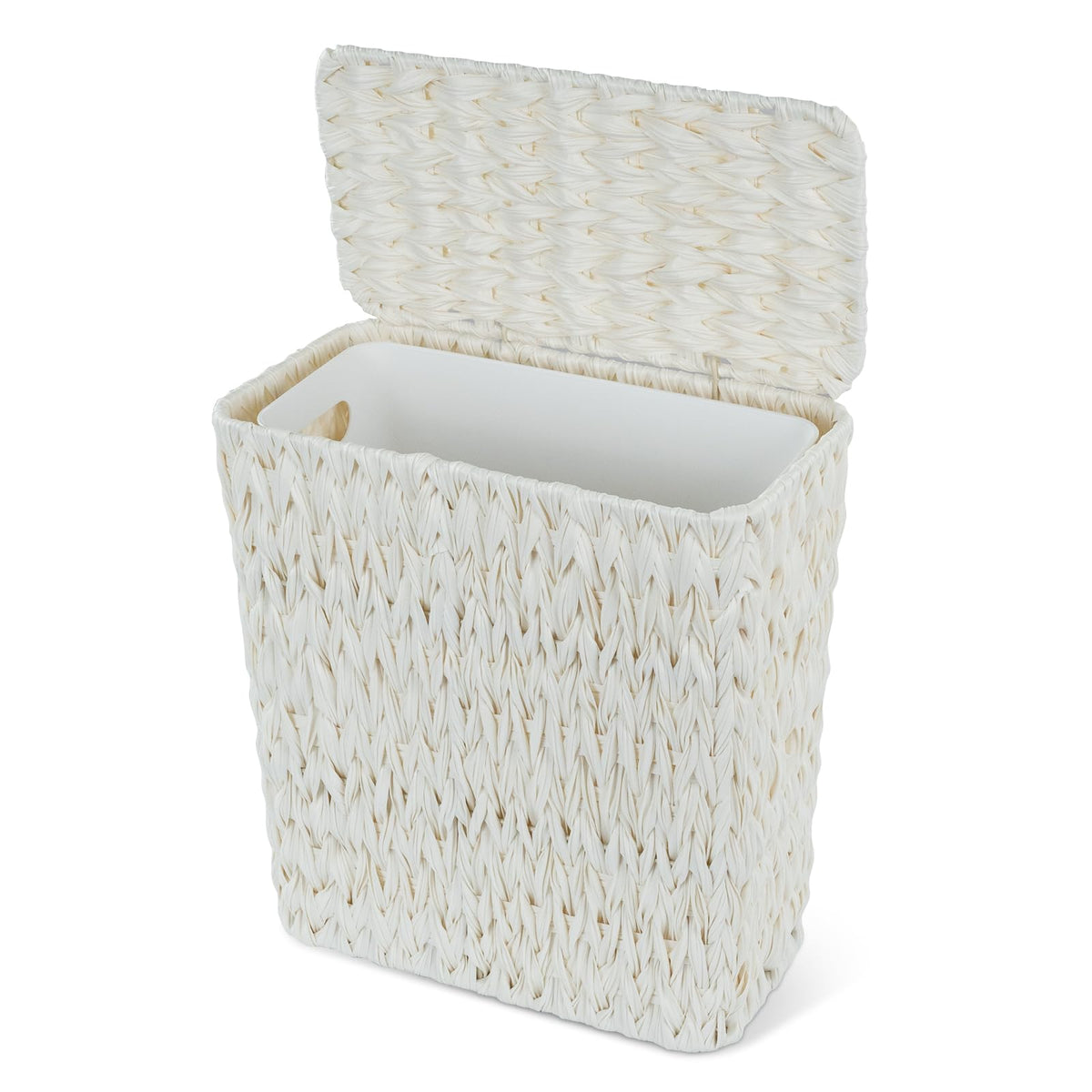 Coeusy wicker trash can with lid offers discreet waste containment for bathrooms.