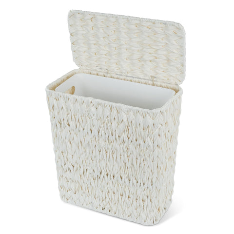 Coeusy wicker trash can with lid offers discreet waste containment for bathrooms.