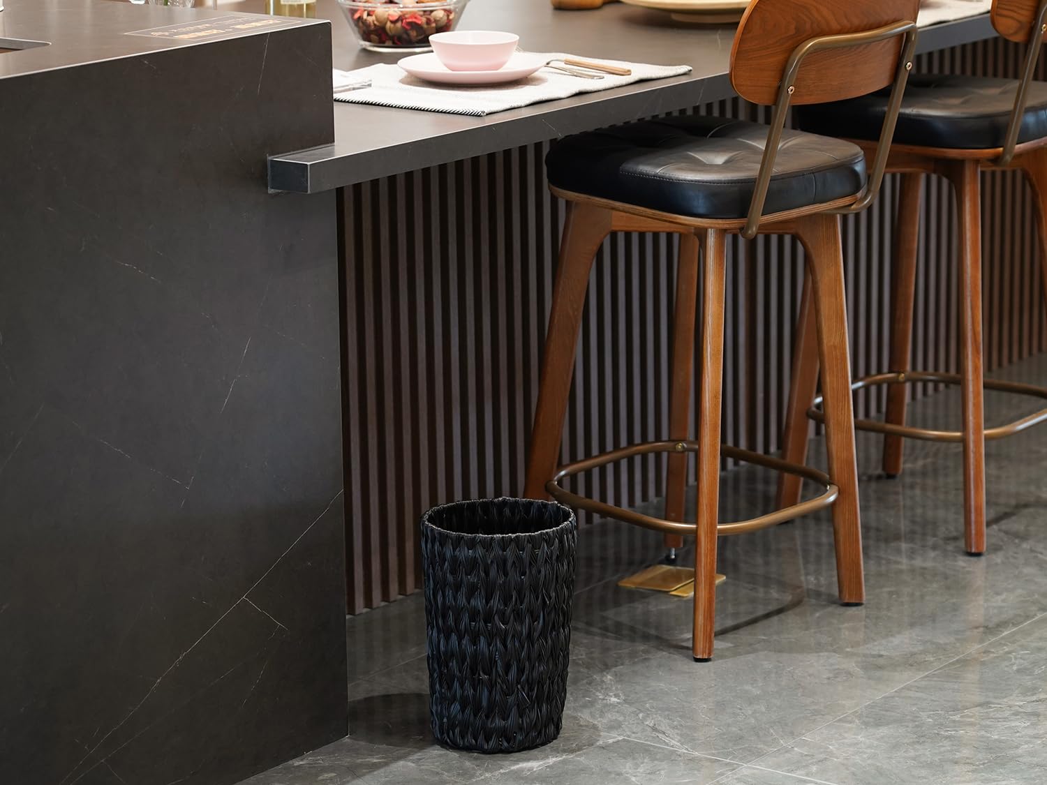Coeusy wicker trash can round design highlights compact footprint for small spaces.