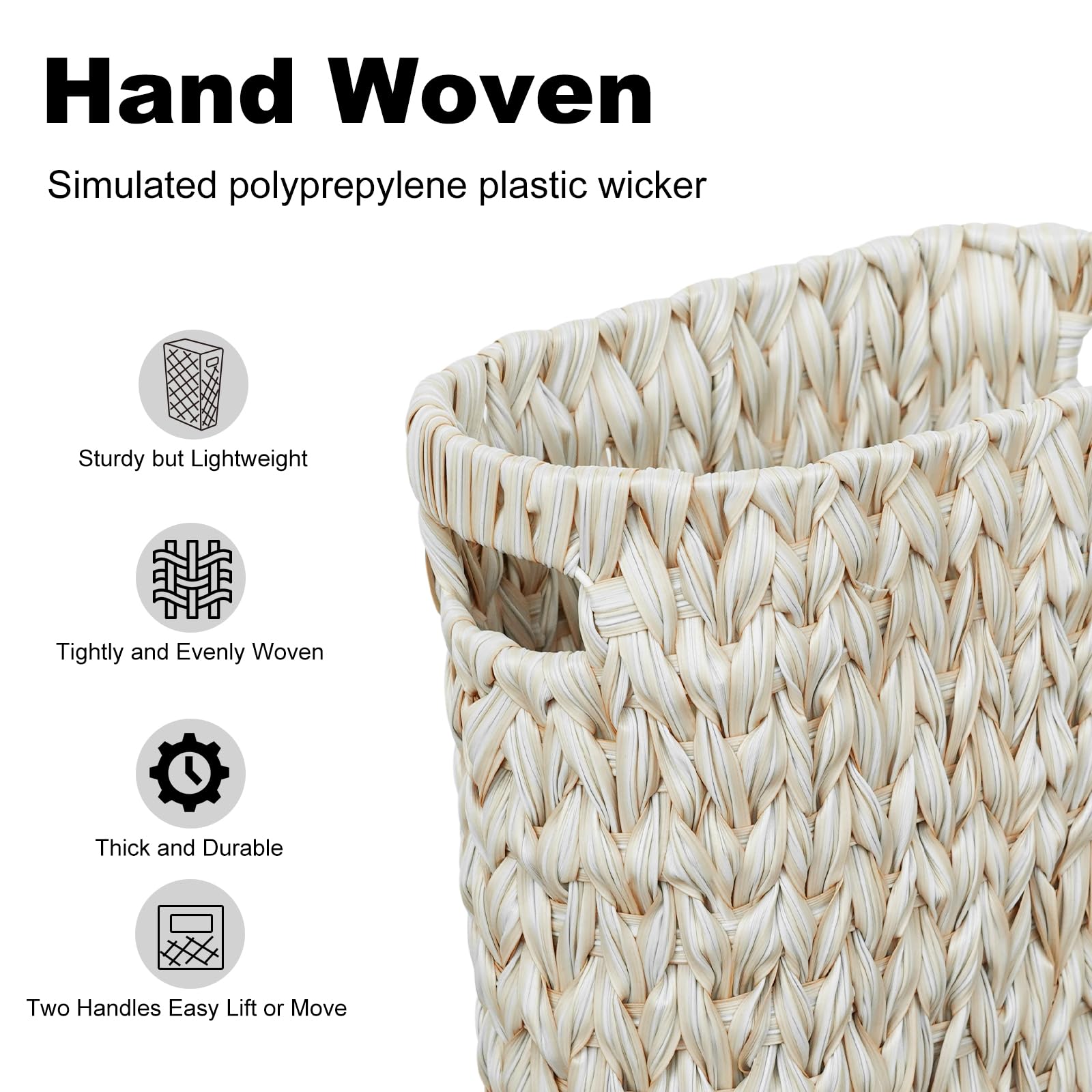 Coeusy cream white wicker bin with silk-like weave and rounded edges.