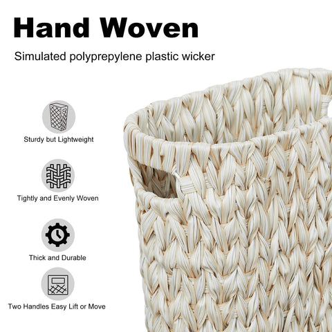 Coeusy cream white wicker bin with silk-like weave and rounded edges.