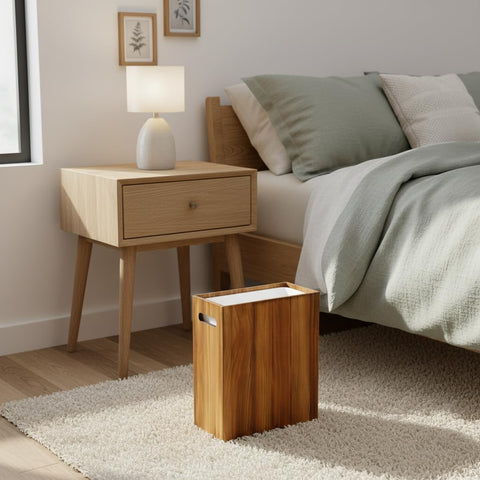 Moisture-resistant wood grain finish on Coeusy trash bin.