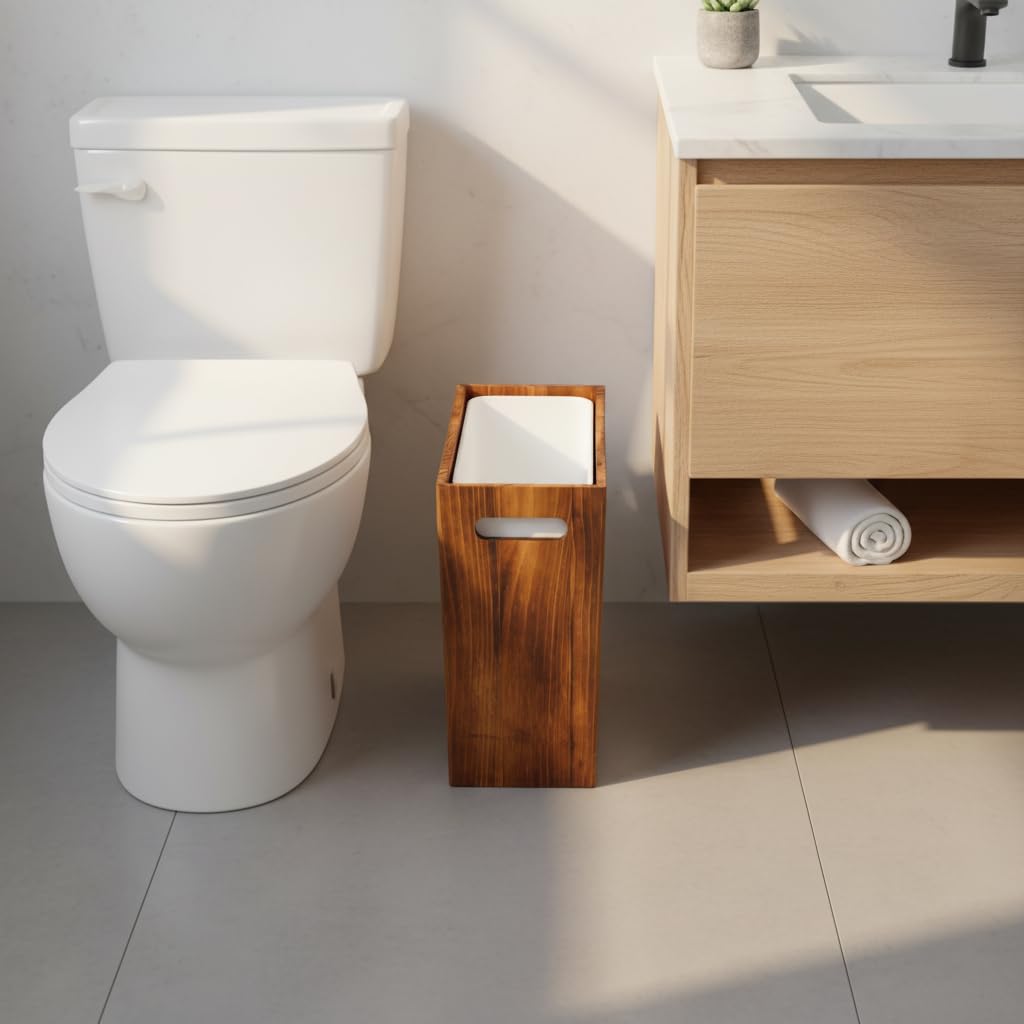 Compact wooden bin neatly placed in an office space.