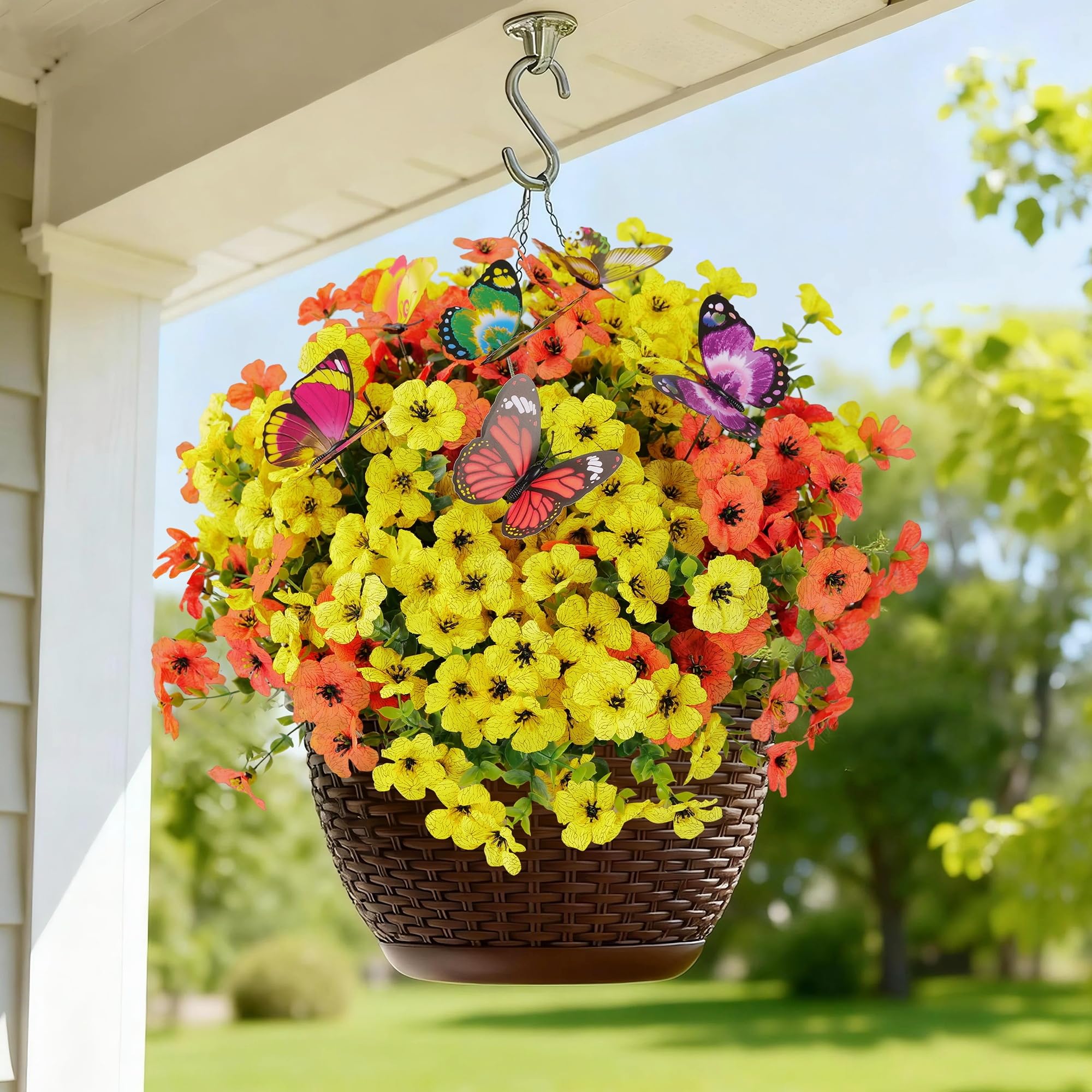 CogDat realistic artificial flowers with butterflies enhance outdoor ambiance.