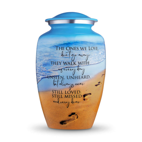 Cogent Memorials ocean blue urn with beach sunset design for dignified remembrance.