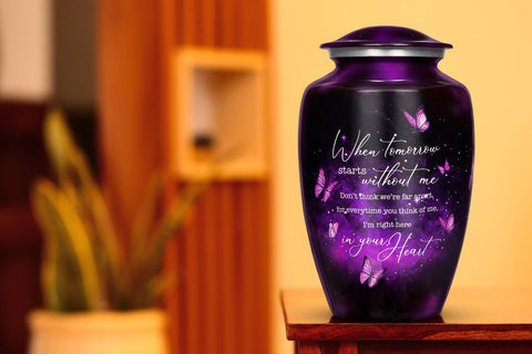Cogent Memorials Purple Butterfly Urn capacity up to 200 cu in for adult ashes.