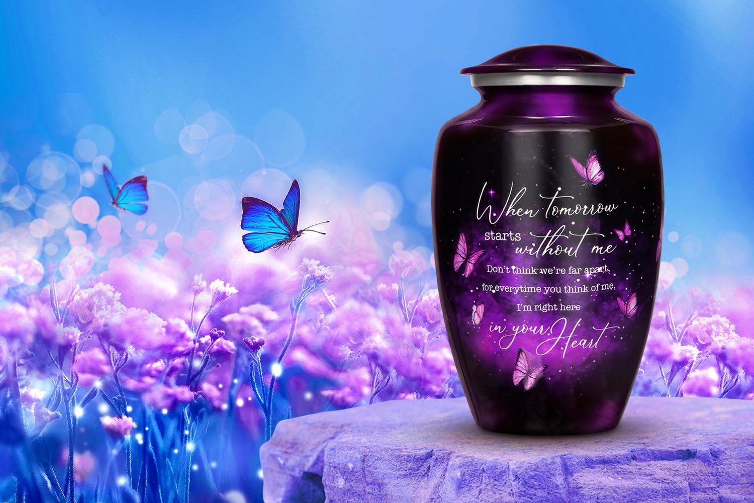 Cogent Memorials Purple Butterfly Urn display-ready for shelves or niches at home.