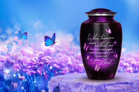 Cogent Memorials Purple Butterfly Urn display-ready for shelves or niches at home.