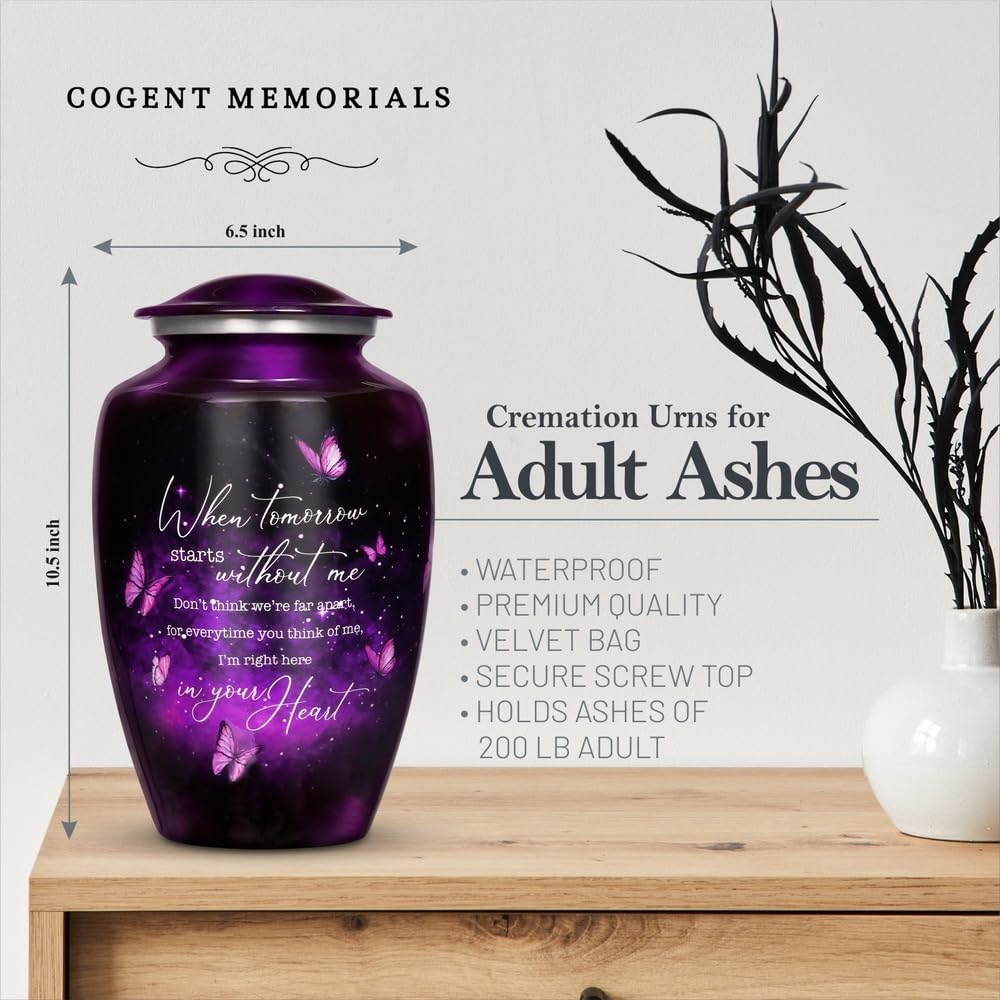 Cogent Memorials Purple Butterfly Urn side view reveals elegant silhouette for home display.