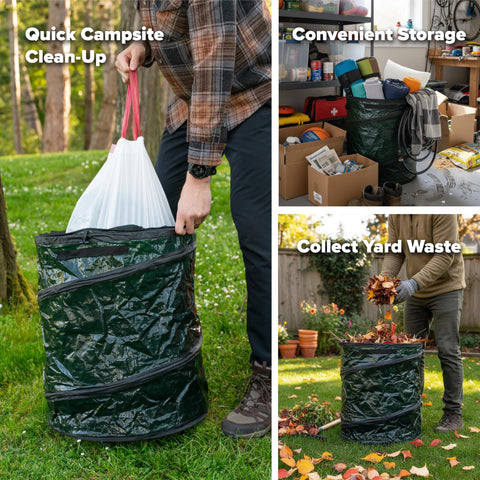 Coghlan's pop-up trash can with zippered lid seals odors and keeps insects out.