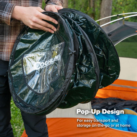 Durable polyethylene construction supports rugged outdoor use by Coghlan's pop-up trash can.