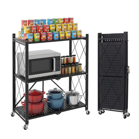 COKITOO 3-tier foldable shelves with wheels for easy, portable storage in any room.