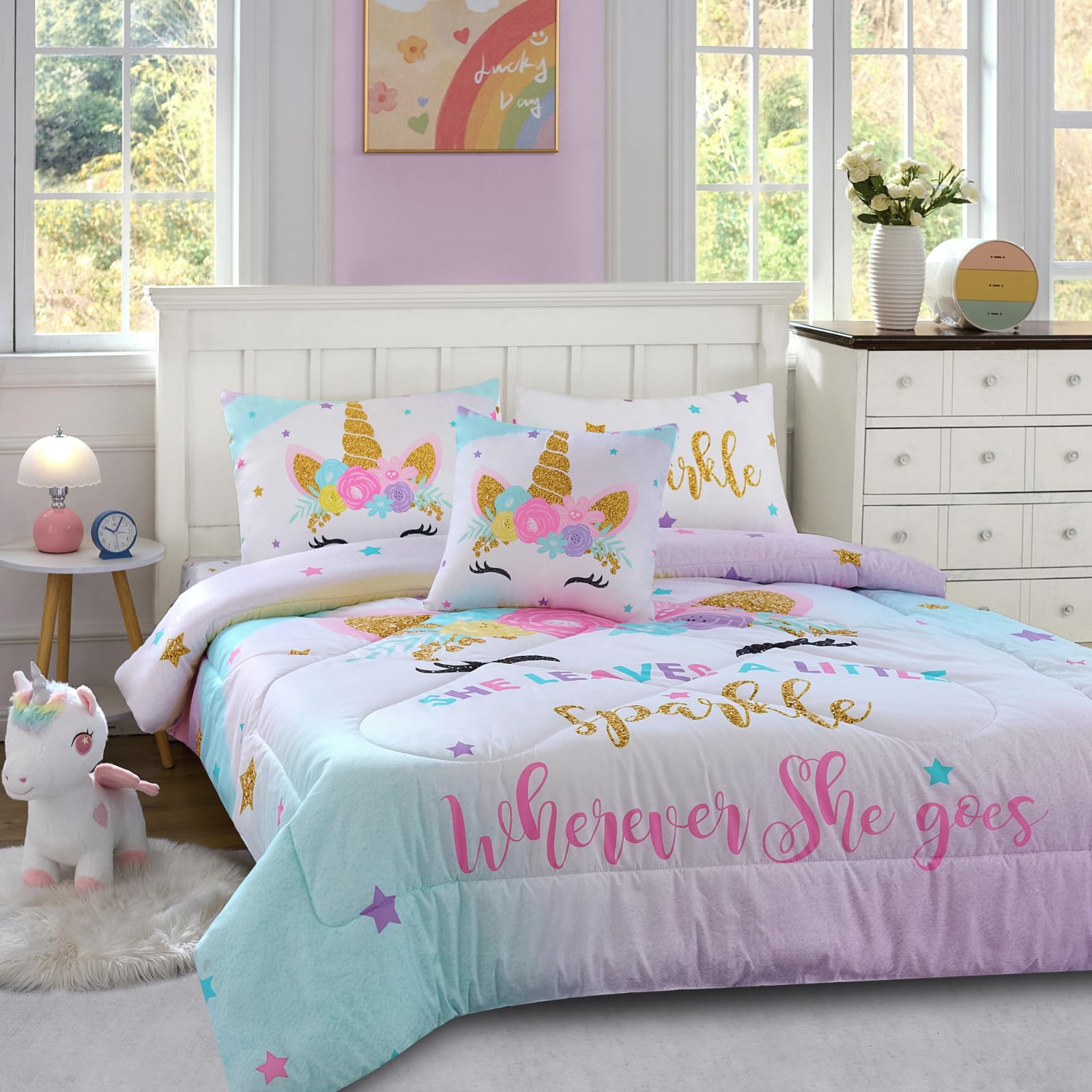 Cokouchyi unicorn bedding on a rainbow background adds vibrant room charm.