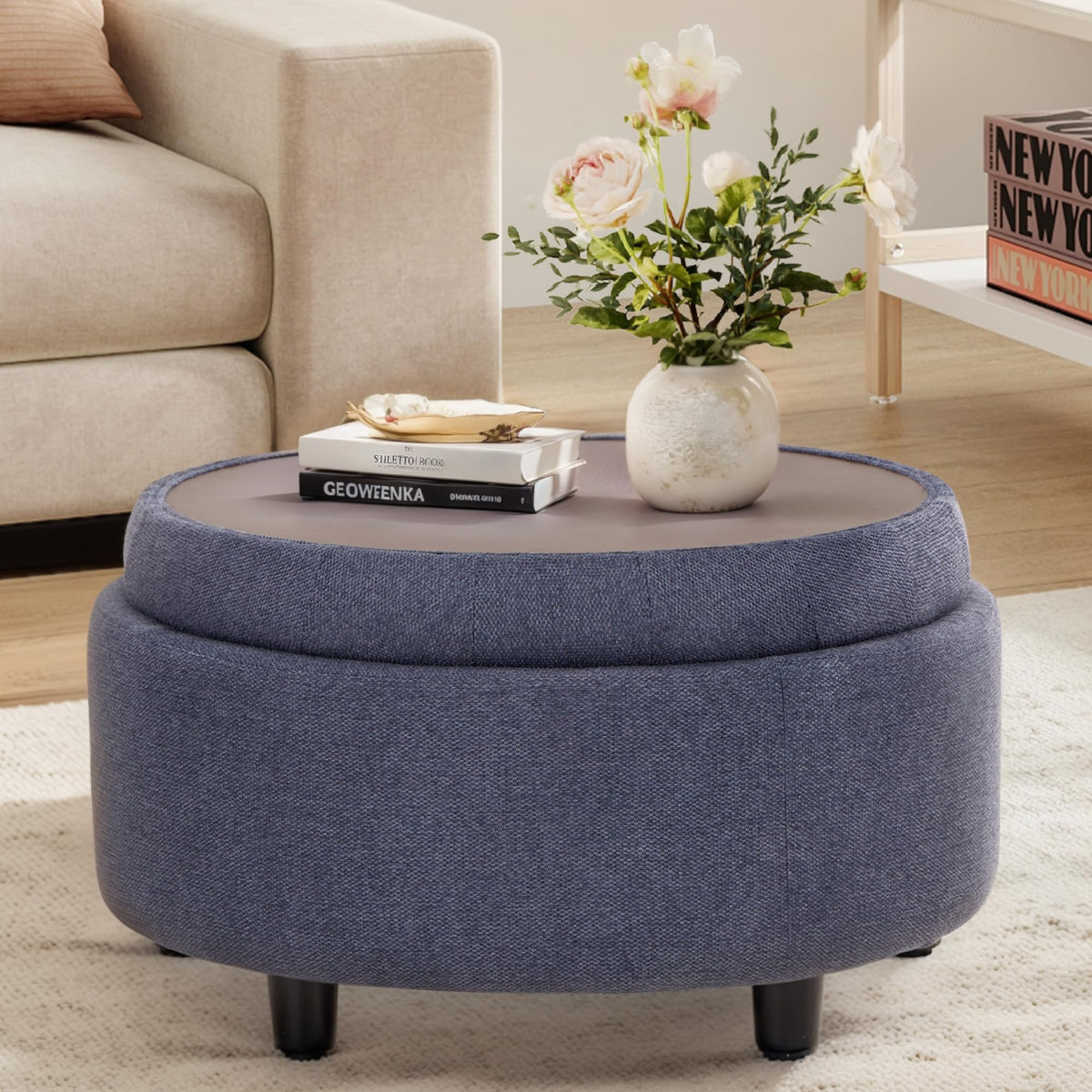 COLAMY blue fabric round storage ottoman full view showing hidden storage