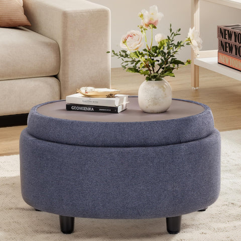 COLAMY blue fabric round storage ottoman full view showing hidden storage