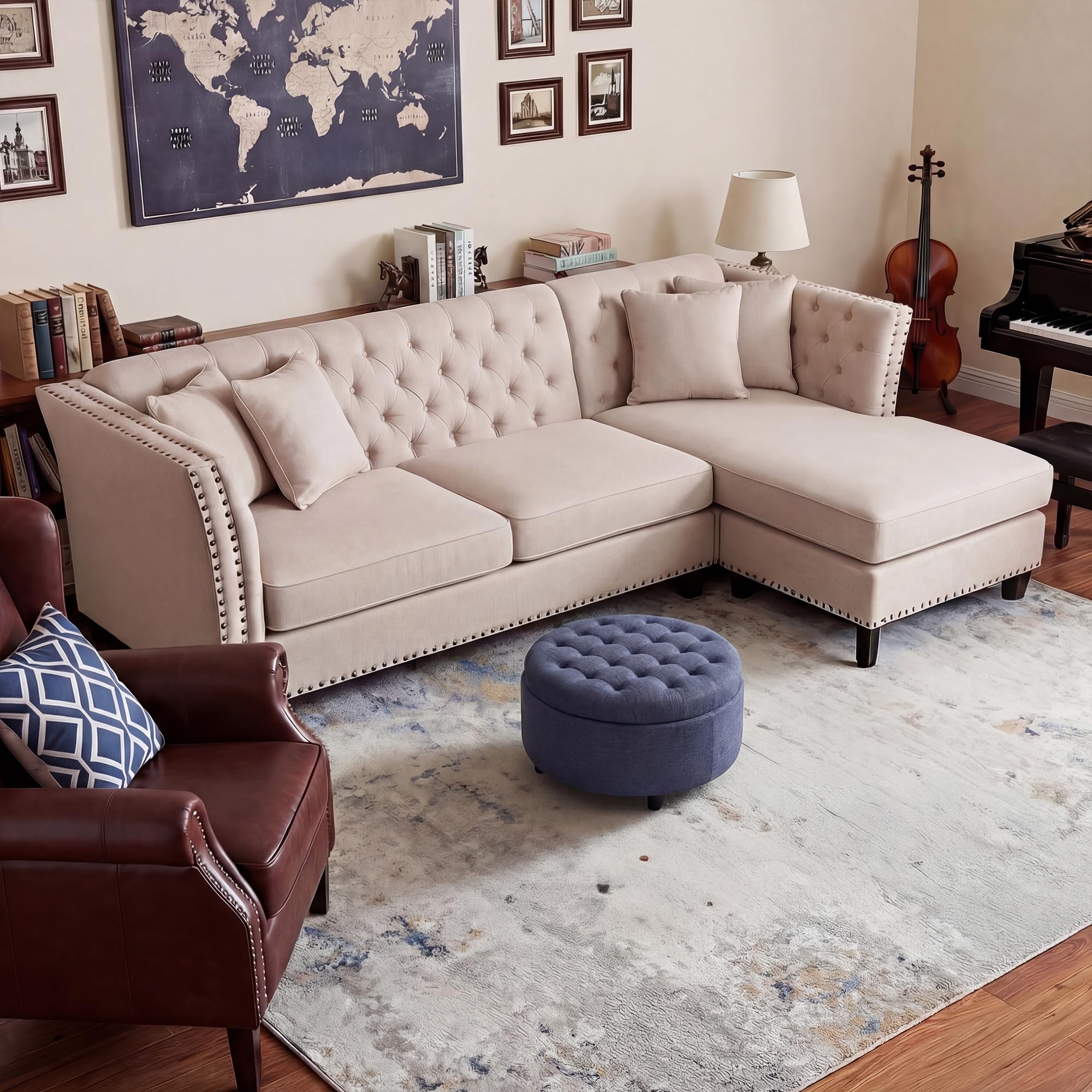 COLAMY living room setup with ottoman used as small coffee table