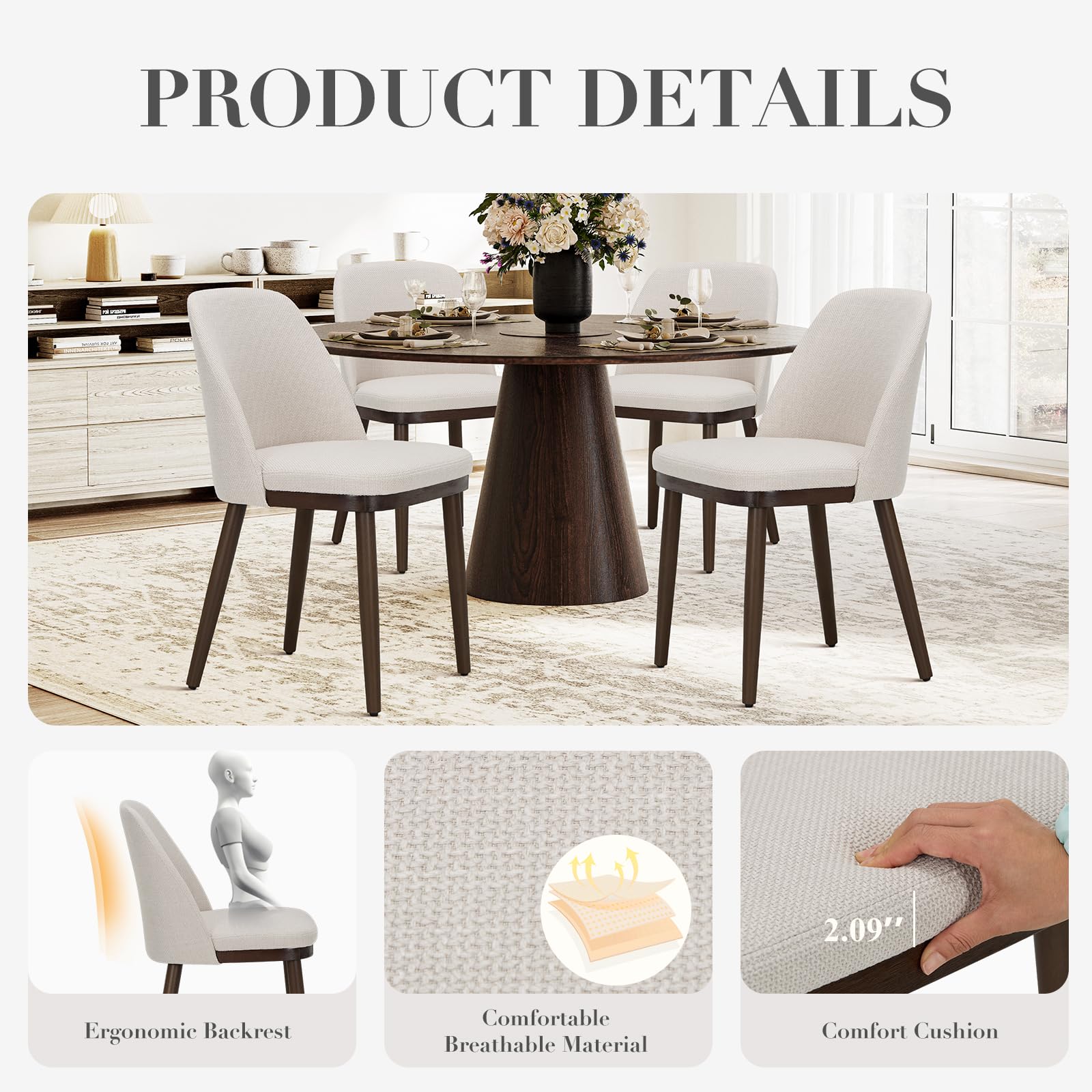 COLAMY upholstered dining chair beige back view shows supportive back for comfortable seating.