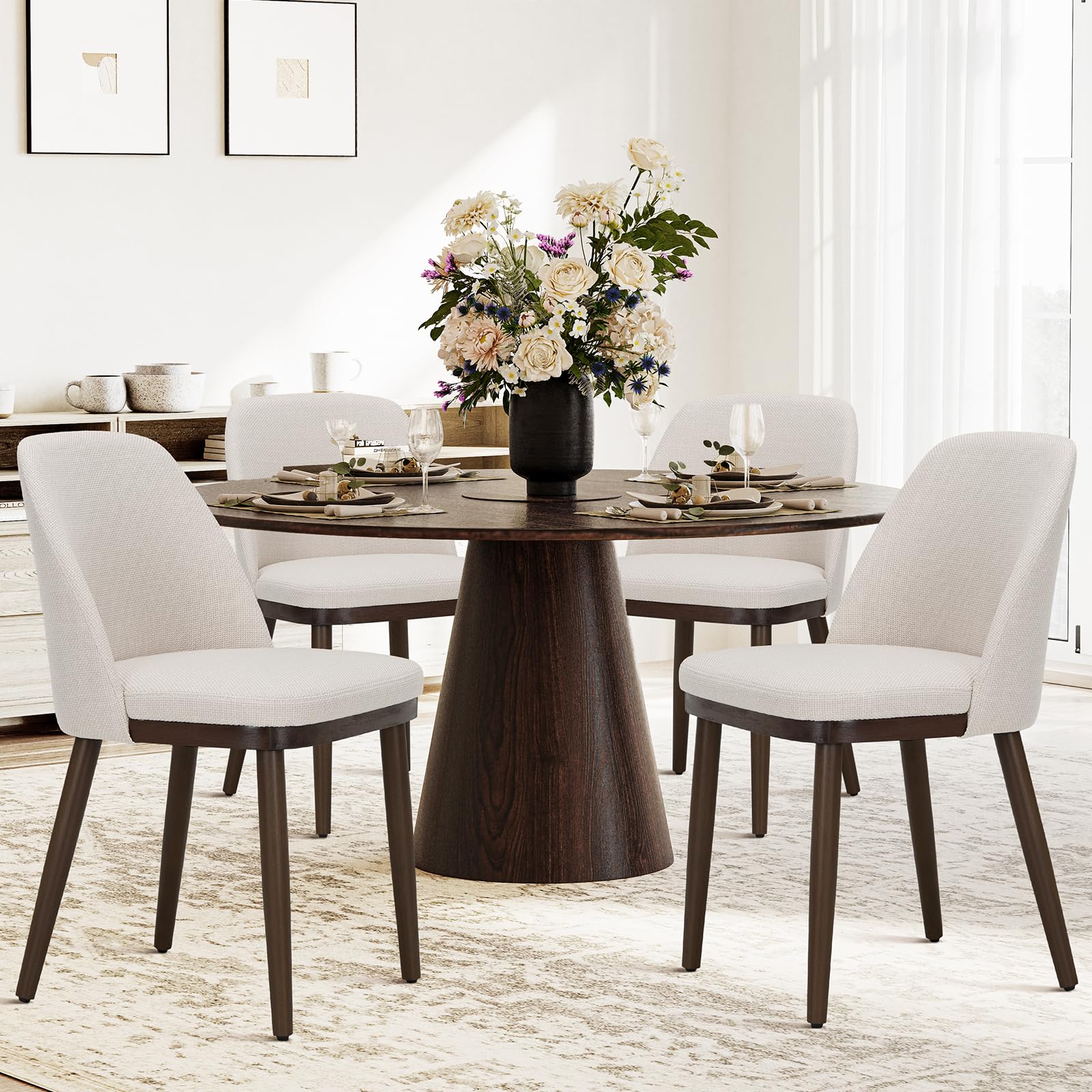 COLAMY upholstered dining chair beige front view highlighting elegant wood legs for dining spaces.