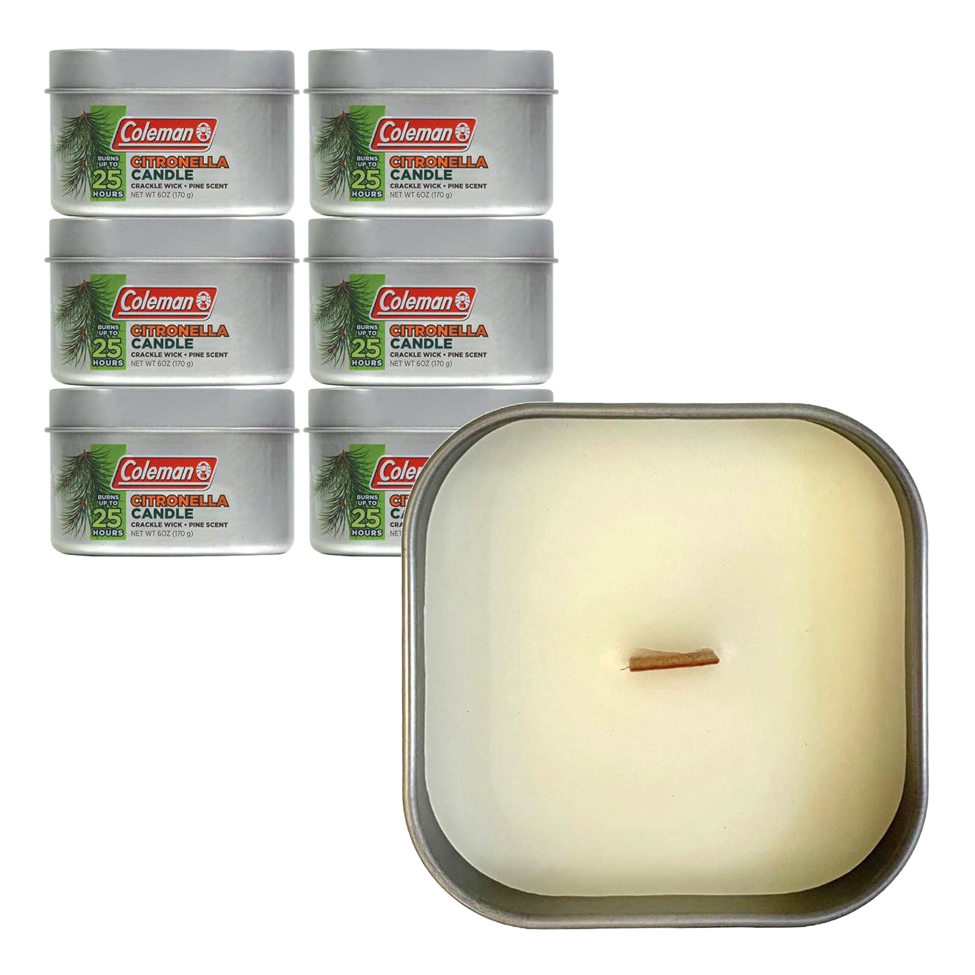 Coleman pine citronella candle with open tin, highlighting pine scent for outdoor evenings.