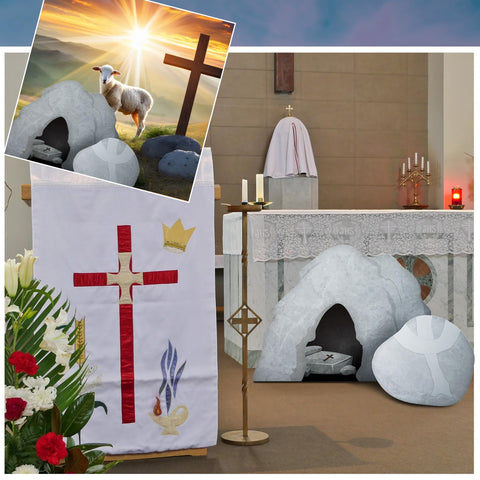 Colingmill church Easter backdrop display for holiday celebrations.