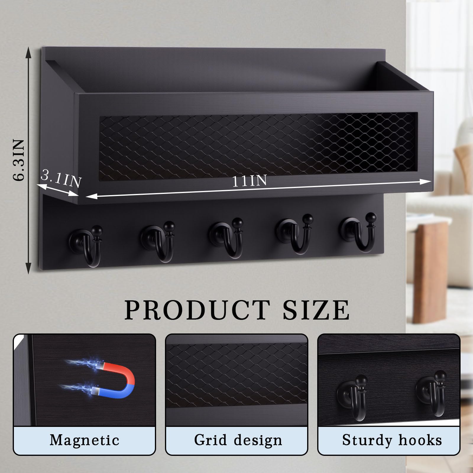 Colingmill solid wood construction with five hooks supports daily organization.