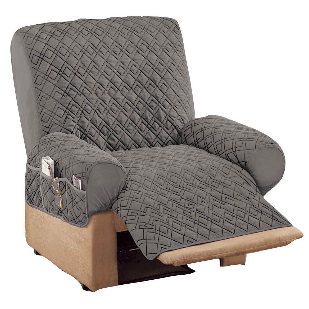 Collections Etc diamond-quilted stretch recliner cover showing secure elastic straps for a snug fit