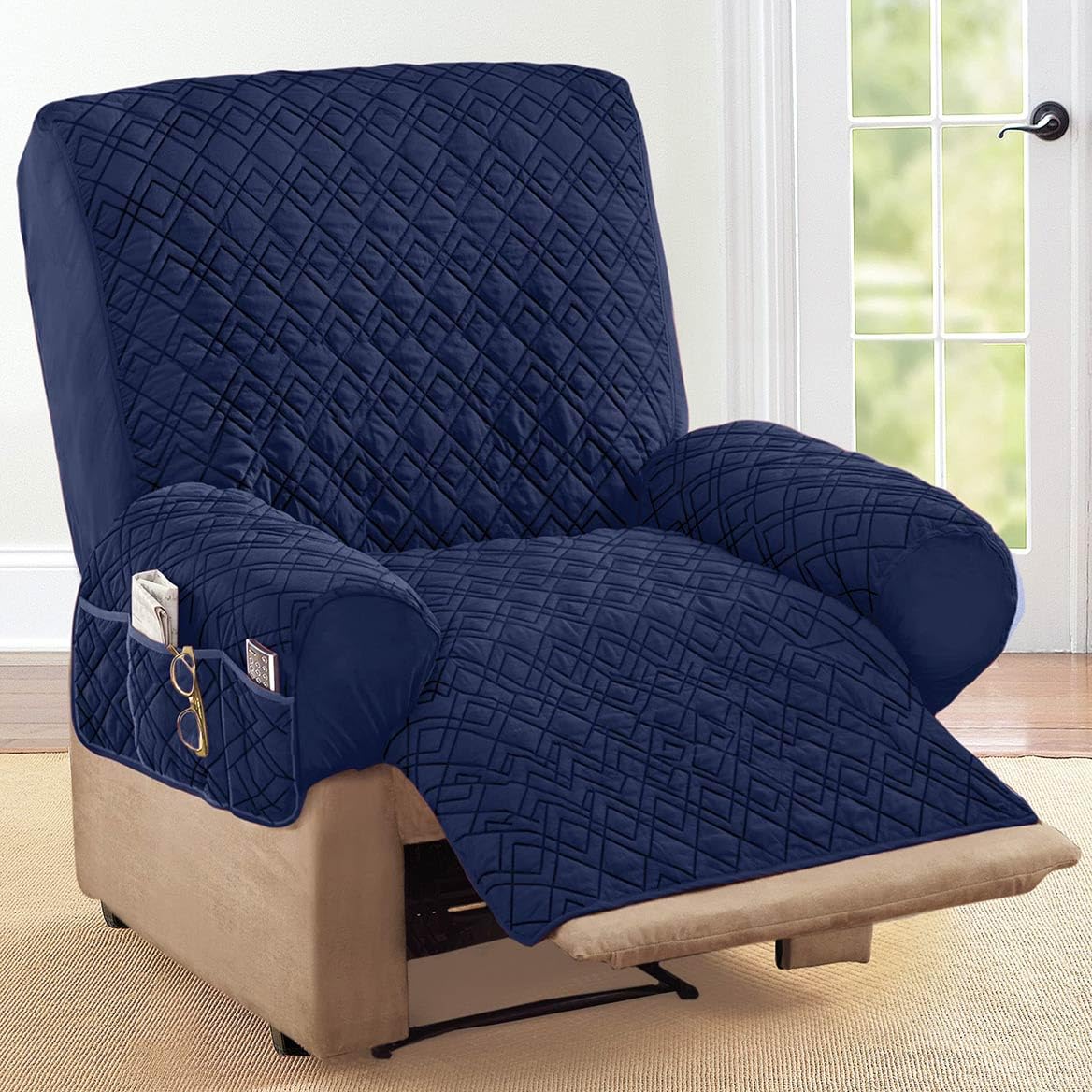 Collections Etc recliner cover with side pockets keeps remotes and magazines handy.