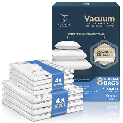 Collective Comforts 8-pack vacuum storage bags packed to save closet space.