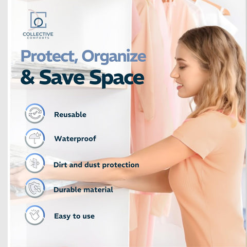 Collective Comforts bedding storage shows space saving for seasonal blankets.