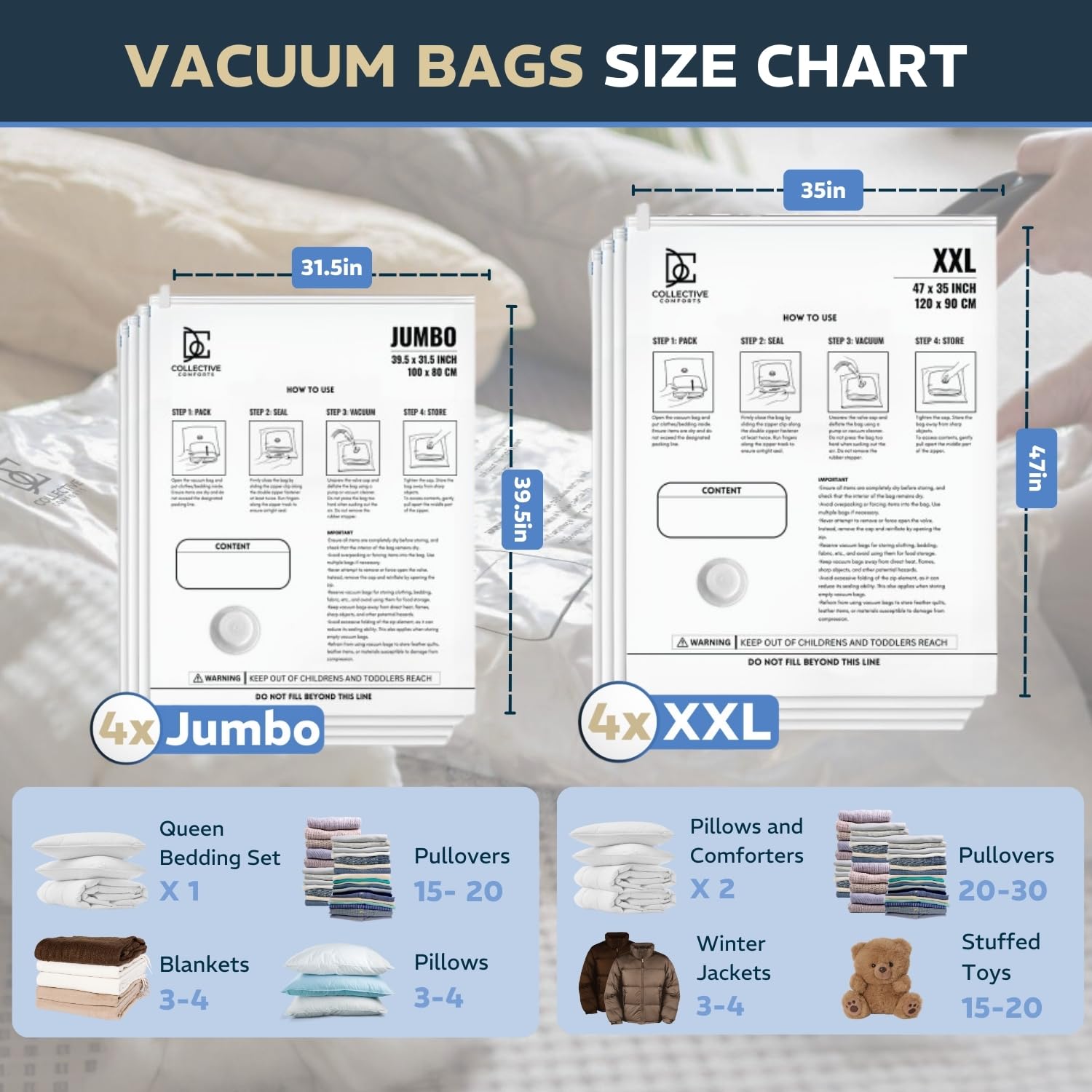 Collective Comforts XXL bag (47x35in) with double-zip closure for secure sealing.