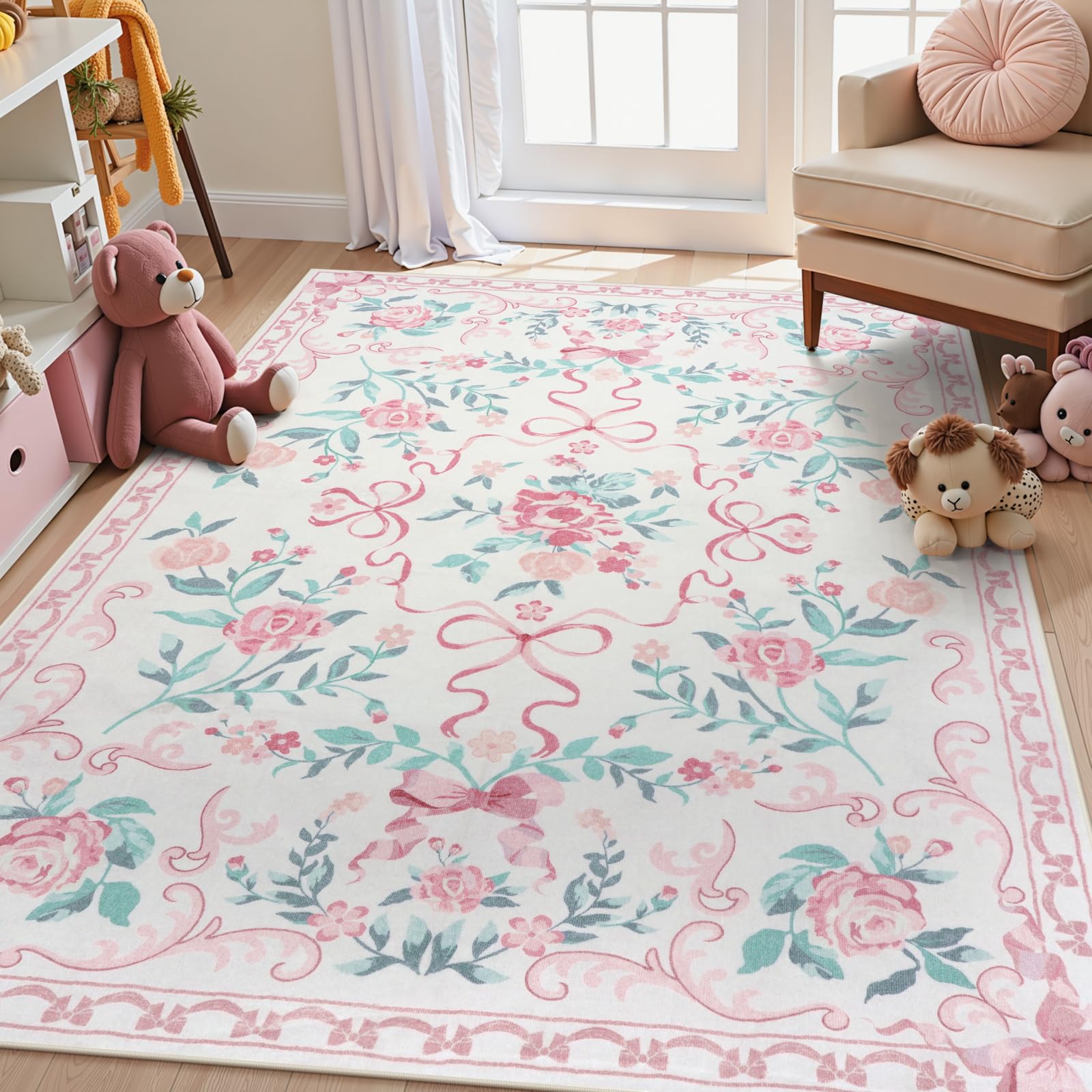 Collive pink floral rug 5x7 design adds cozy style to bedrooms.