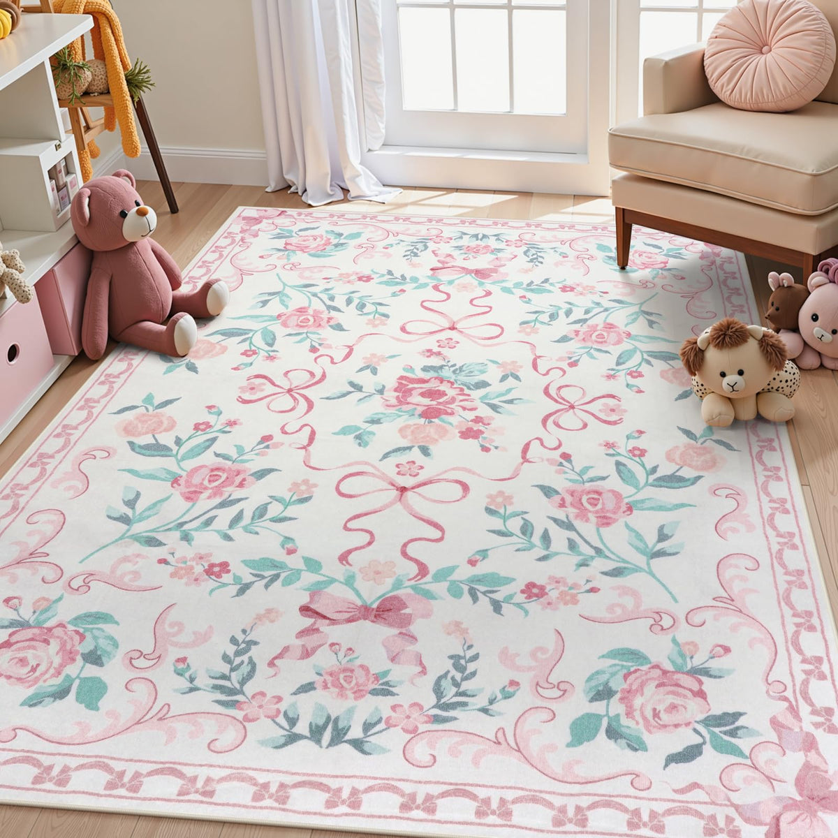 Collive pink floral rug 5x7 design adds cozy style to bedrooms.