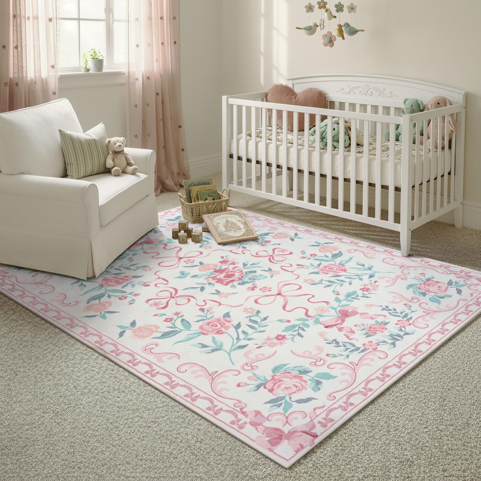 Collive pink floral rug bow-floral motif brightens nurseries.