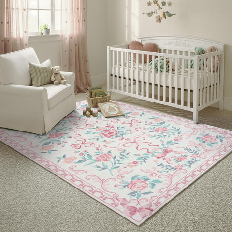 Collive pink floral rug bow-floral motif brightens nurseries.