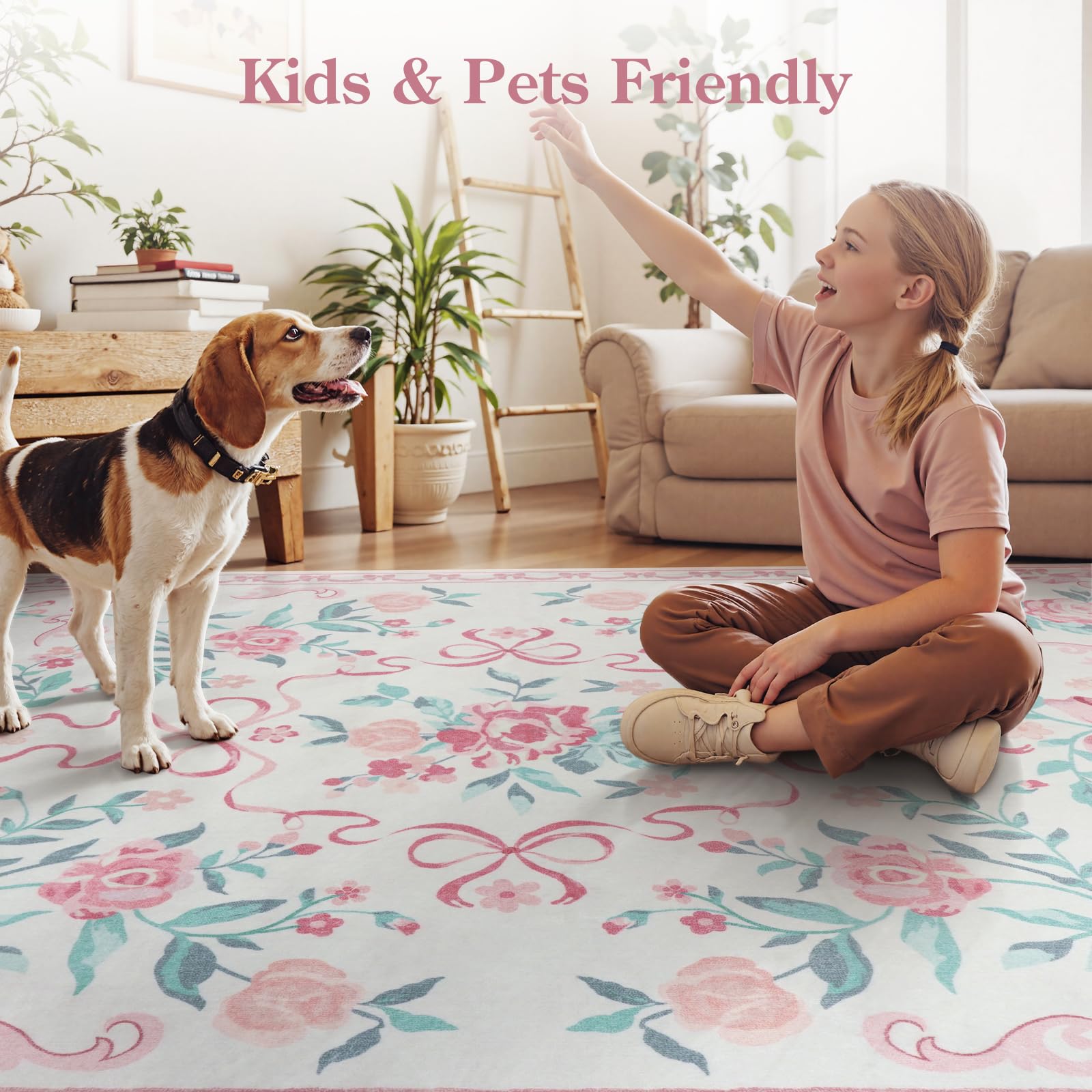 Collive pink floral rug ideal for dorms and living rooms.