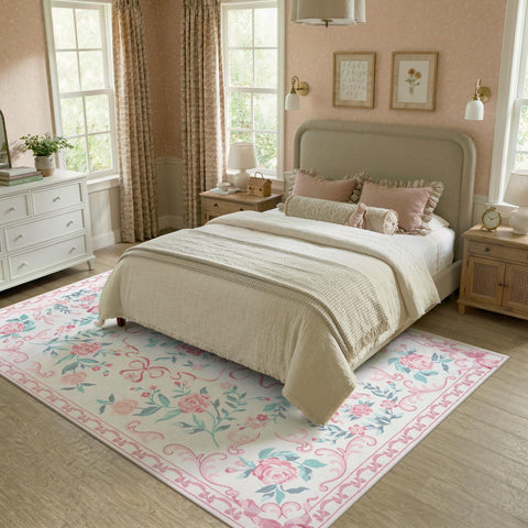 Collive pink floral rug perfect for kids' rooms and play areas.