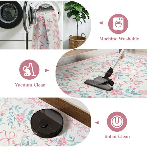Collive pink floral rug non-slip backing helps keep in place.
