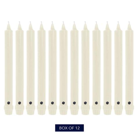 Colonial Candle Classic Taper Ivory with bevelled base for stable holder fit.