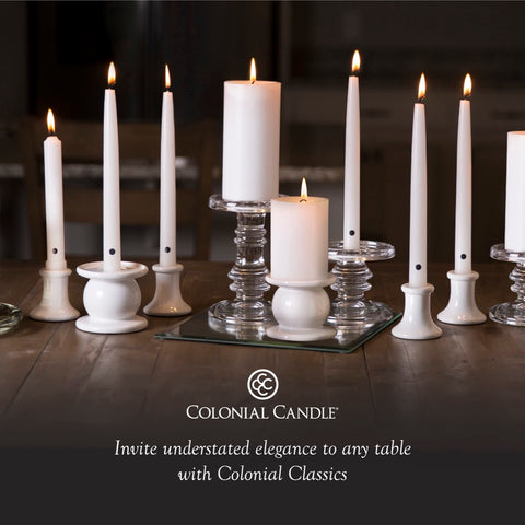 Colonial Candle Dinner table ambience with ivory tapers for events.